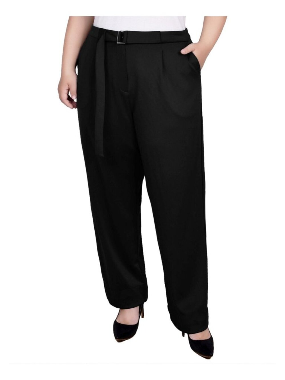 NY Collection Belted Scuba Straight Ankle Stretch Pants Black Plus Size 1X SALE
